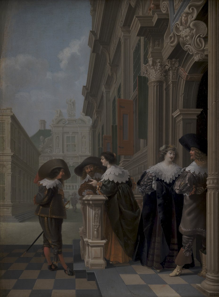 Gesprek buiten een paleis door Dirck van Delen