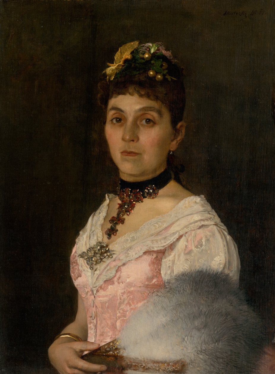 Portret van een dame met een waaier. Portret van gravin Mária Nyáry Radvánszky door Döme Skuteczky