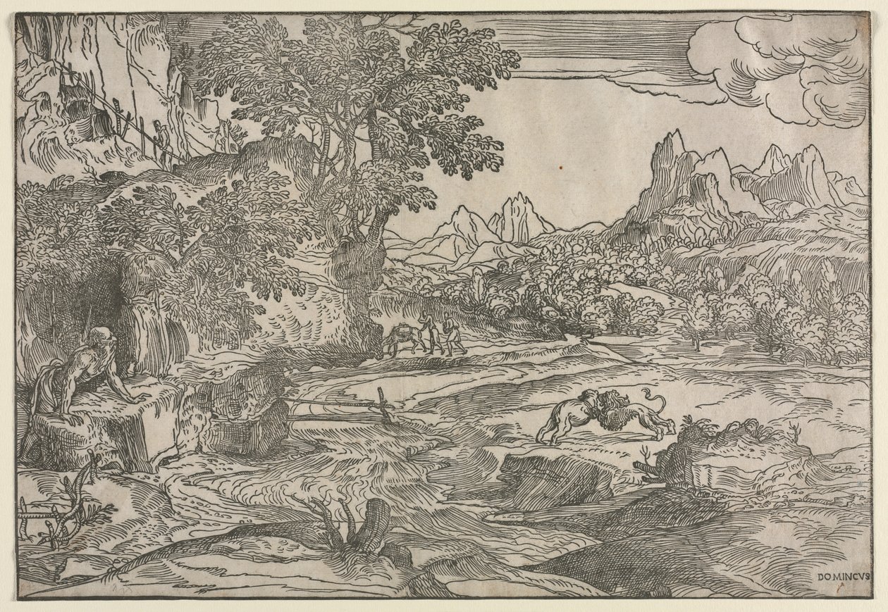 Landschap met Sint Hiëronymus en Twee Leeuwen door Domenico Campagnola