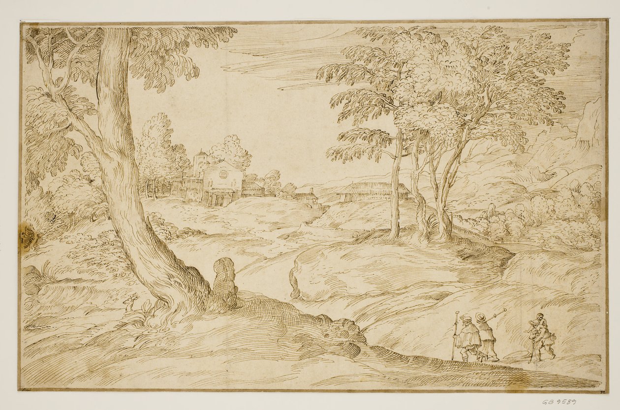 Landschap met pelgrims die een kerk naderen door Domenico Campagnola