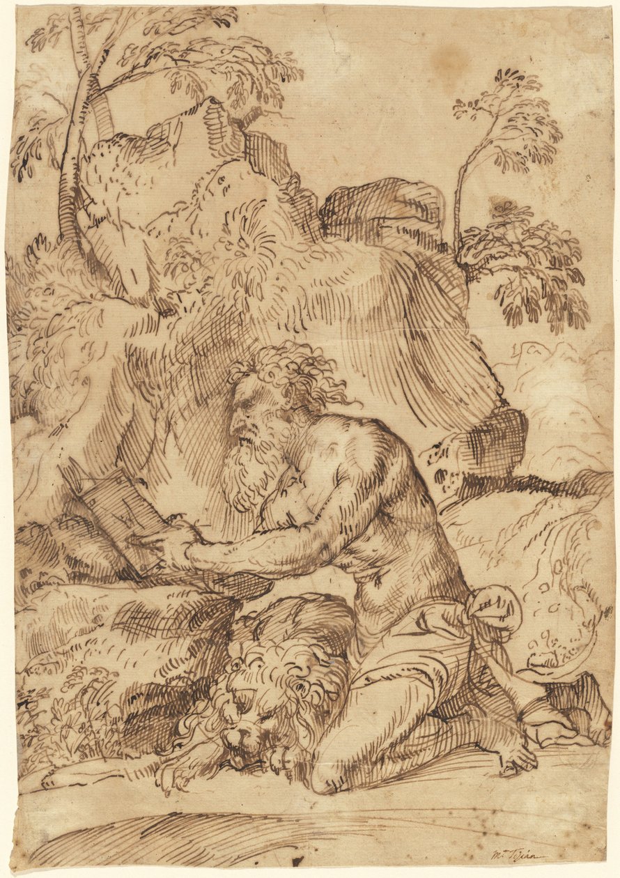 Sint Hiëronymus Lezend in de Wildernis door Domenico Campagnola