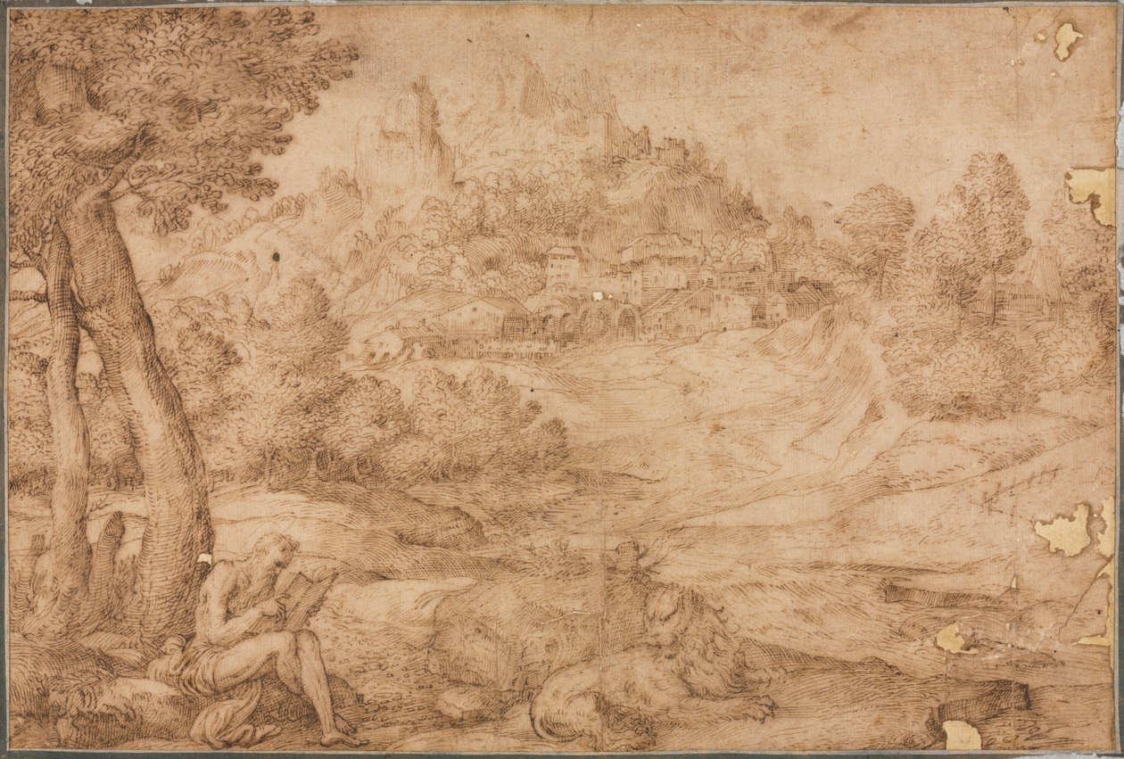 Sint Hiëronymus in een Landschap door Domenico Campagnola