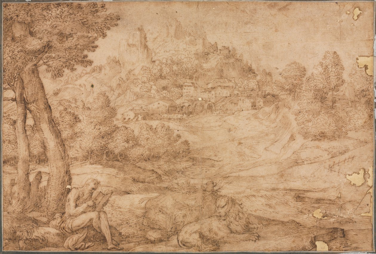 Sint Hiëronymus in een landschap door Domenico Campagnola