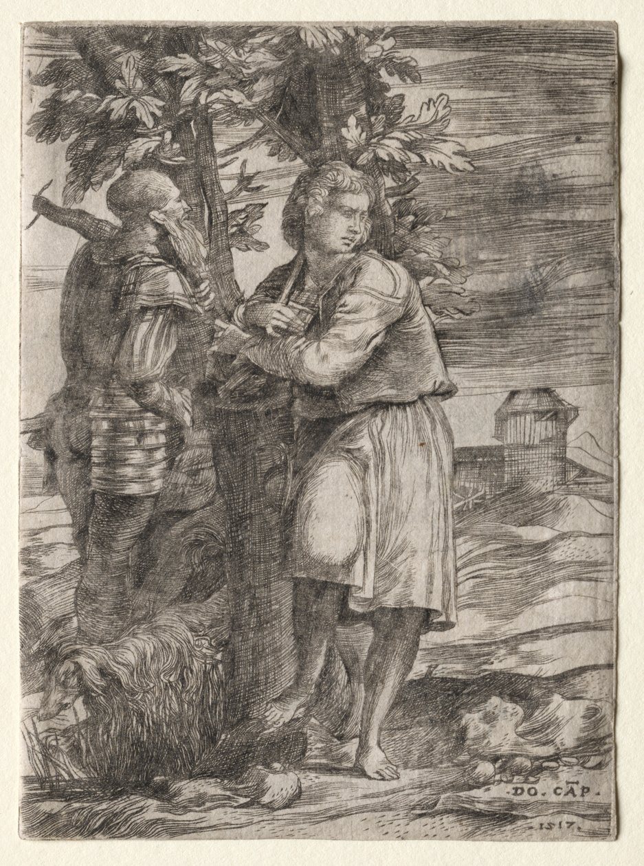 Herder en oude krijger door Domenico Campagnola