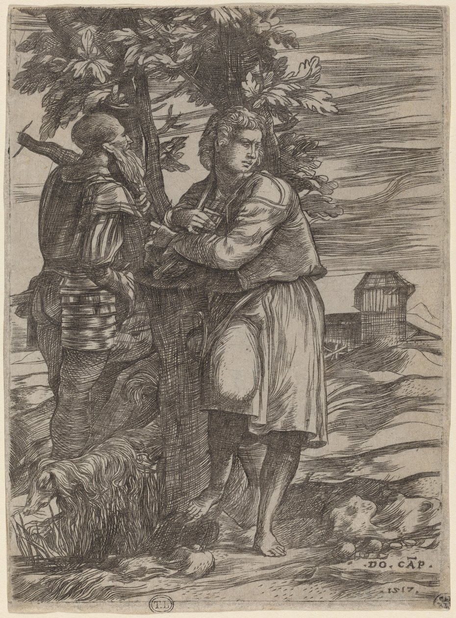 De herder en de oude krijger door Domenico Campagnola