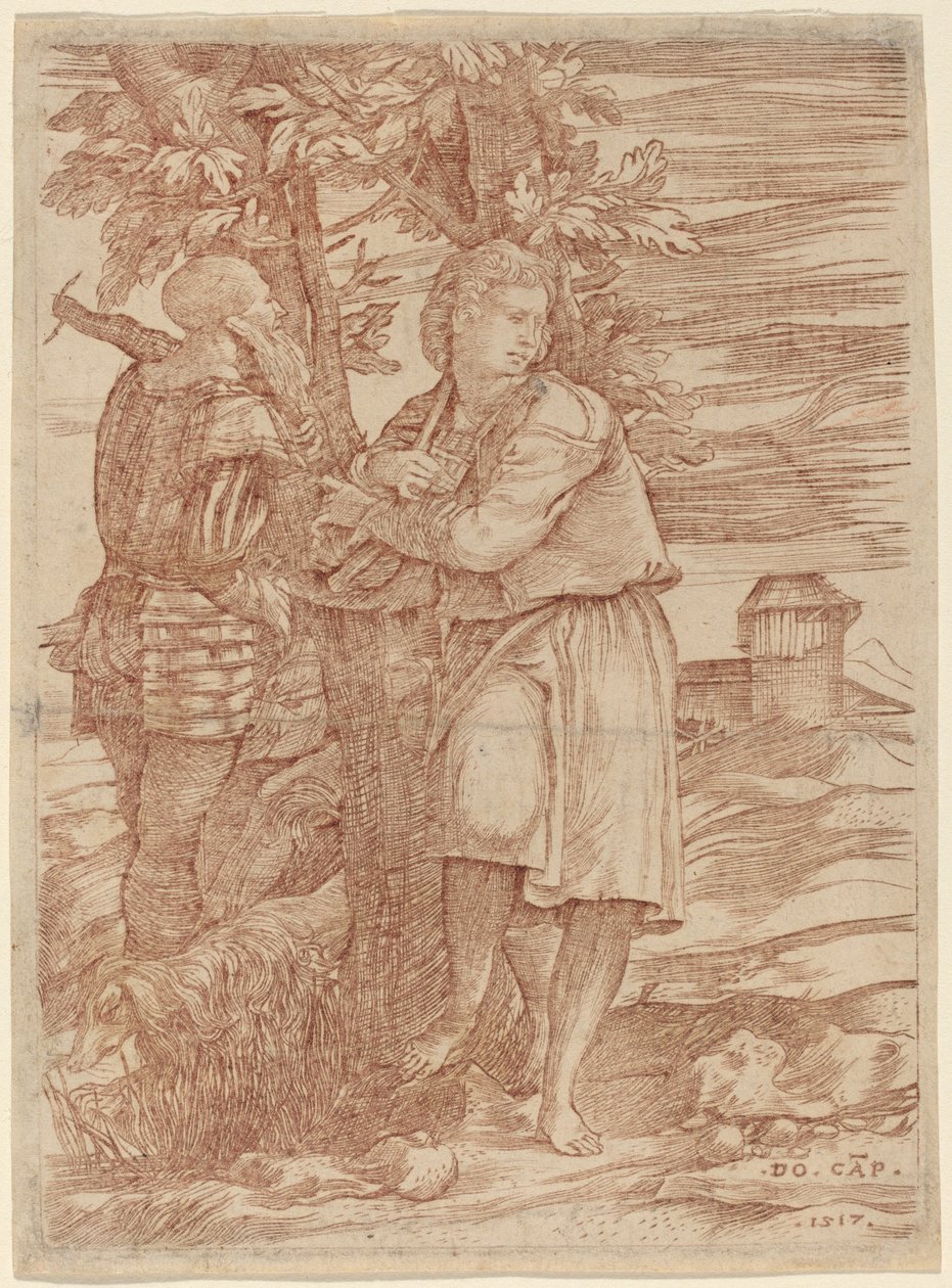 De herder en de oude krijger door Domenico Campagnola