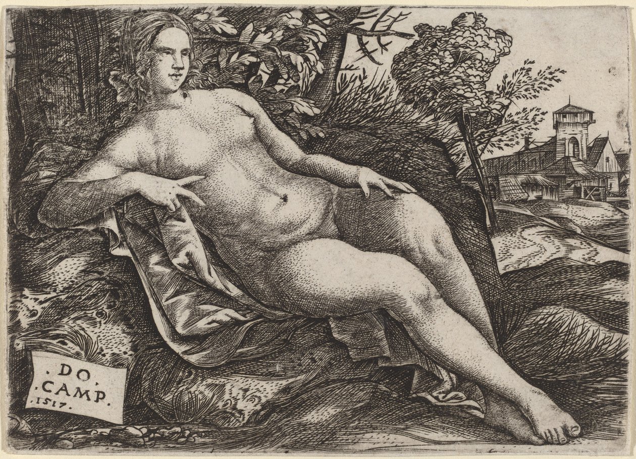 Venus Liggend in een Landschap door Domenico Campagnola