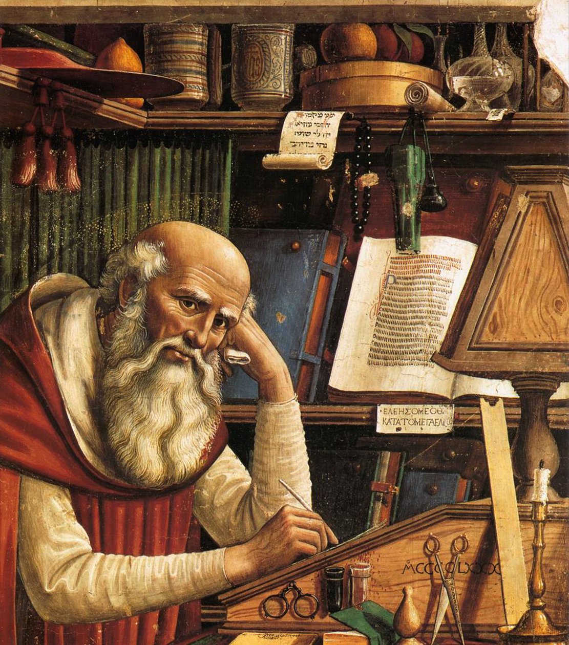 Sint Hiëronymus in zijn studeerkamer (detail), 1480 door Domenico Ghirlandaio