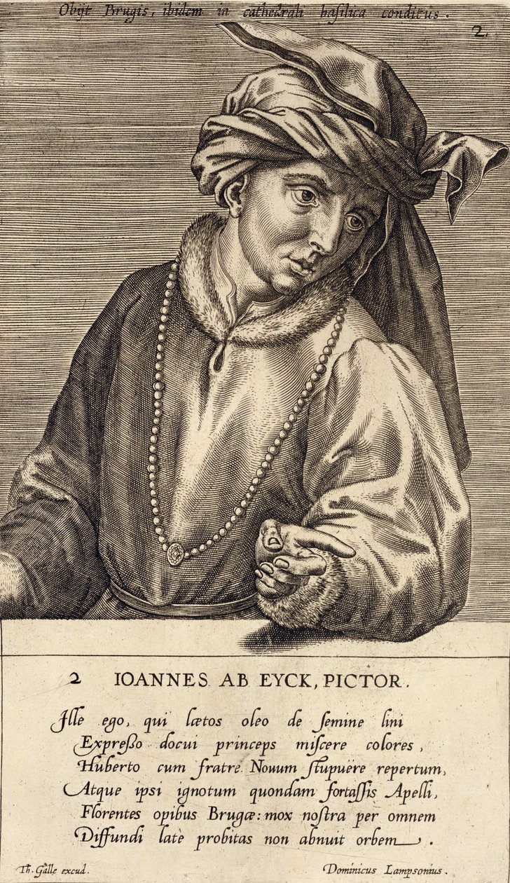 Portret van Jan van Eyck (ca. 1390-1441) plaat 2 in een serie portretten van kunstenaars, gegraveerd door Theodor Galle (1571-1633) door Dominicus Lampsonius