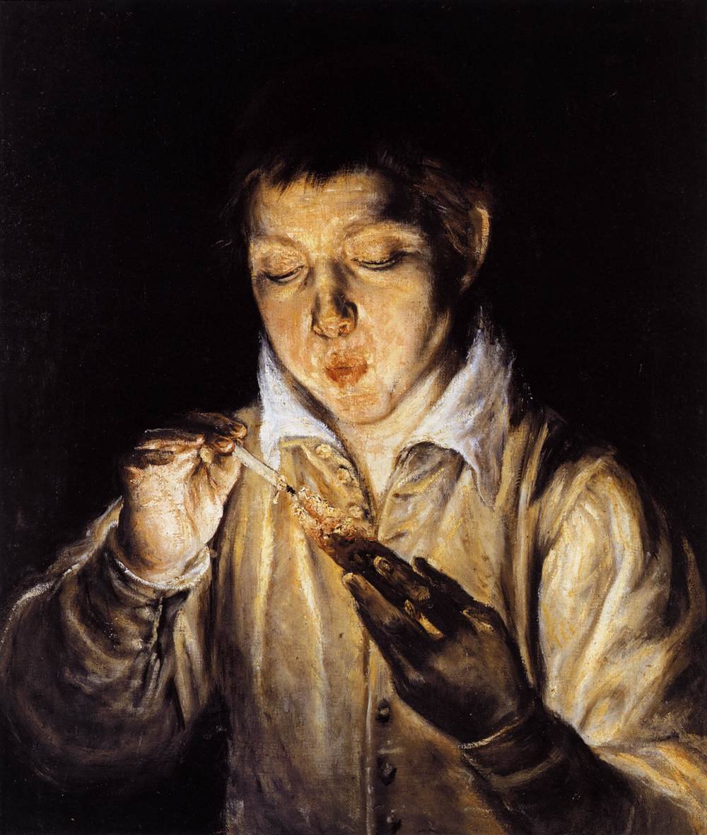 Een jongen die op een kooltje blaast om een kaars aan te steken door El Greco