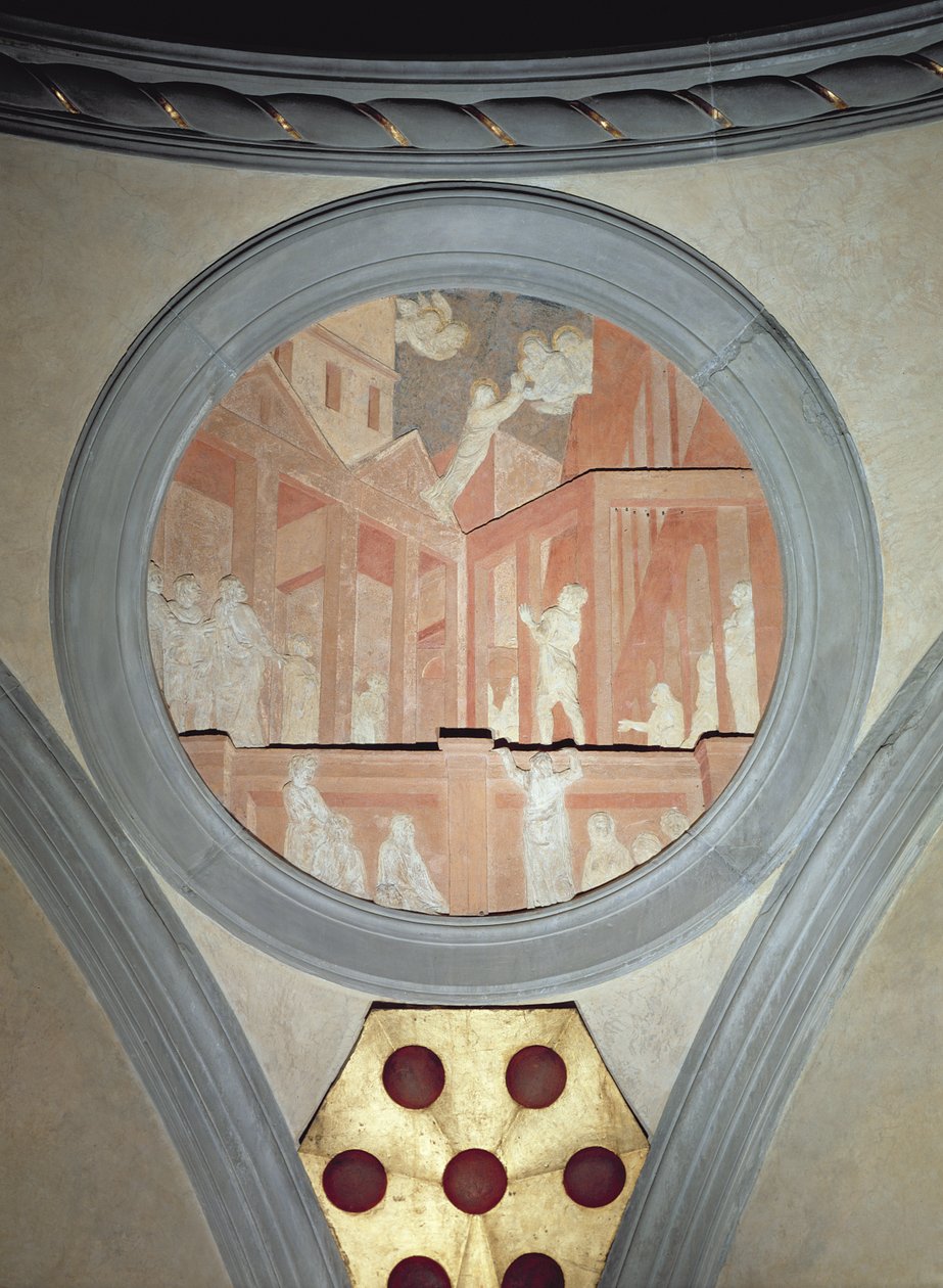 De hemelvaart van St. Johannes, spandrel medaillon, ca. 1425 door Donatello