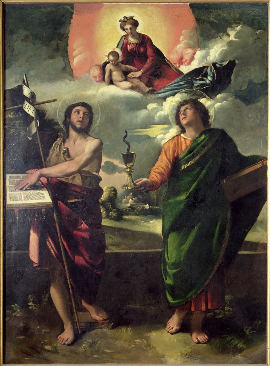 De Verschijning van de Maagd aan de Heiligen Johannes de Doper en Johannes de Evangelist, 1520-30 door Dosso Dossi