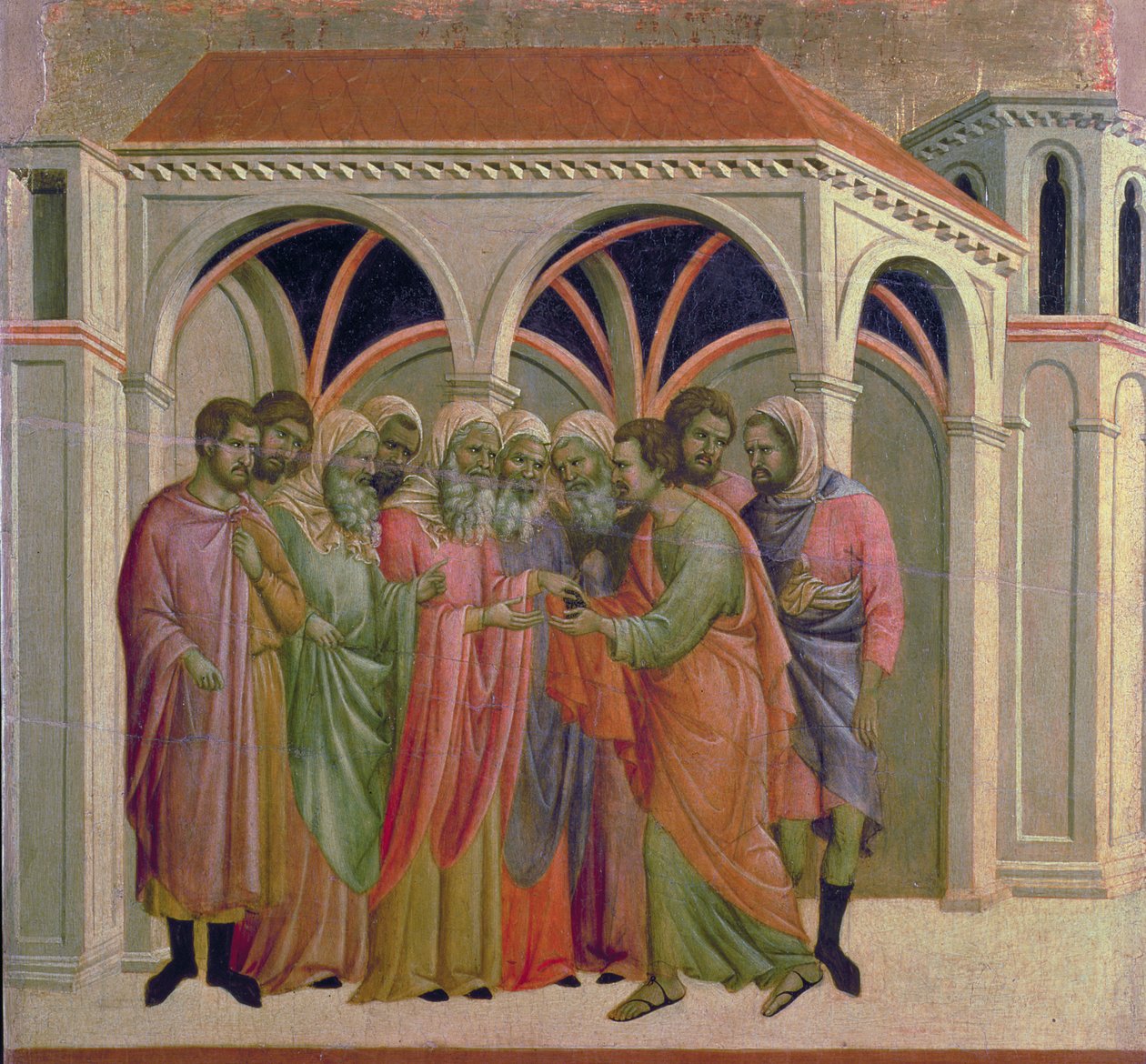 Maesta: Judas ontvangt dertig zilverstukken, 1308-11 door Duccio di Buoninsegna