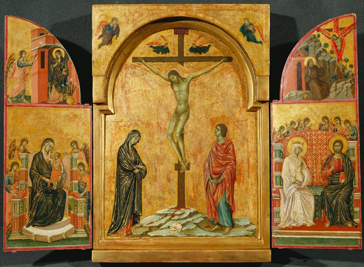 Drieluik: Kruisiging en andere scènes door Duccio di Buoninsegna