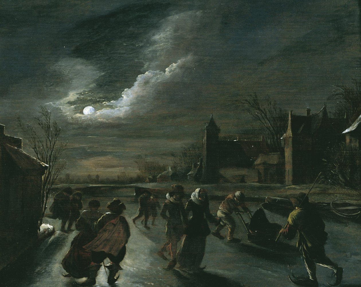 Maanlichtscène met schaatsers door Dutch School