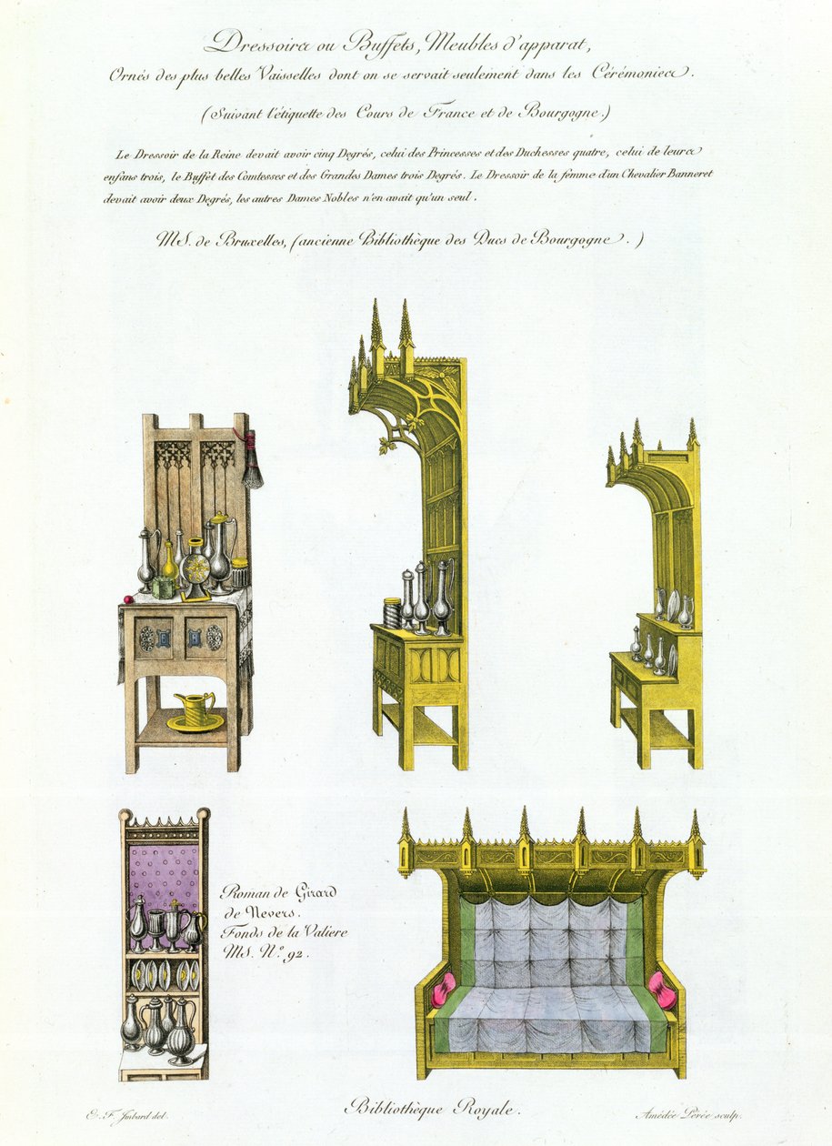 Vijftiende-eeuws Frans en Bourgondisch meubilair, uit Monuments Francais, lithografie door Amedee Peree, 1839 door E.F. Imbard