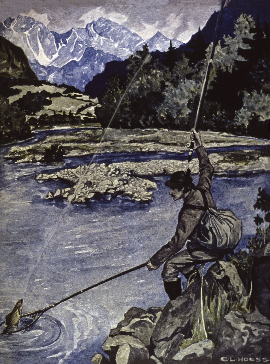 Vissen in een rivier, ca. 1900 door E. L. Hoess