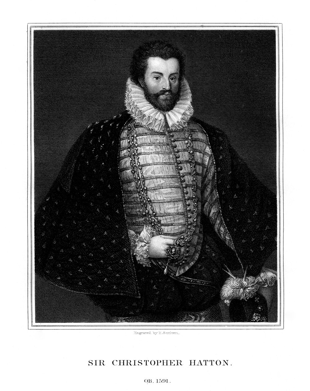 Sir Christopher Hatton, Engelse politicus, 1827 door E. Scriven