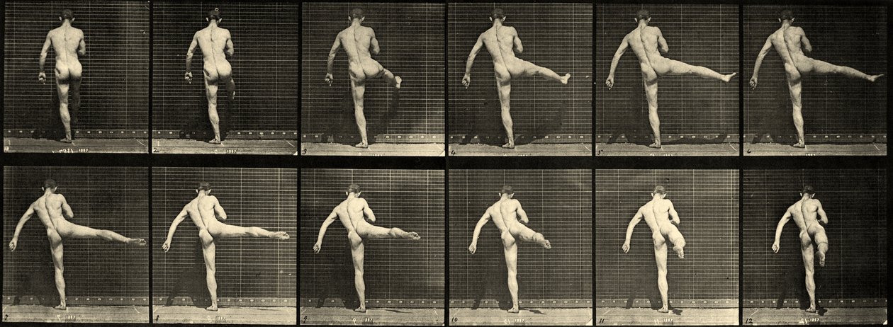 Naakte mannelijke balletdanser, eerste balletactie, rechterbeen optillen (plaat 369) ca. 1887 door Eadweard Muybridge