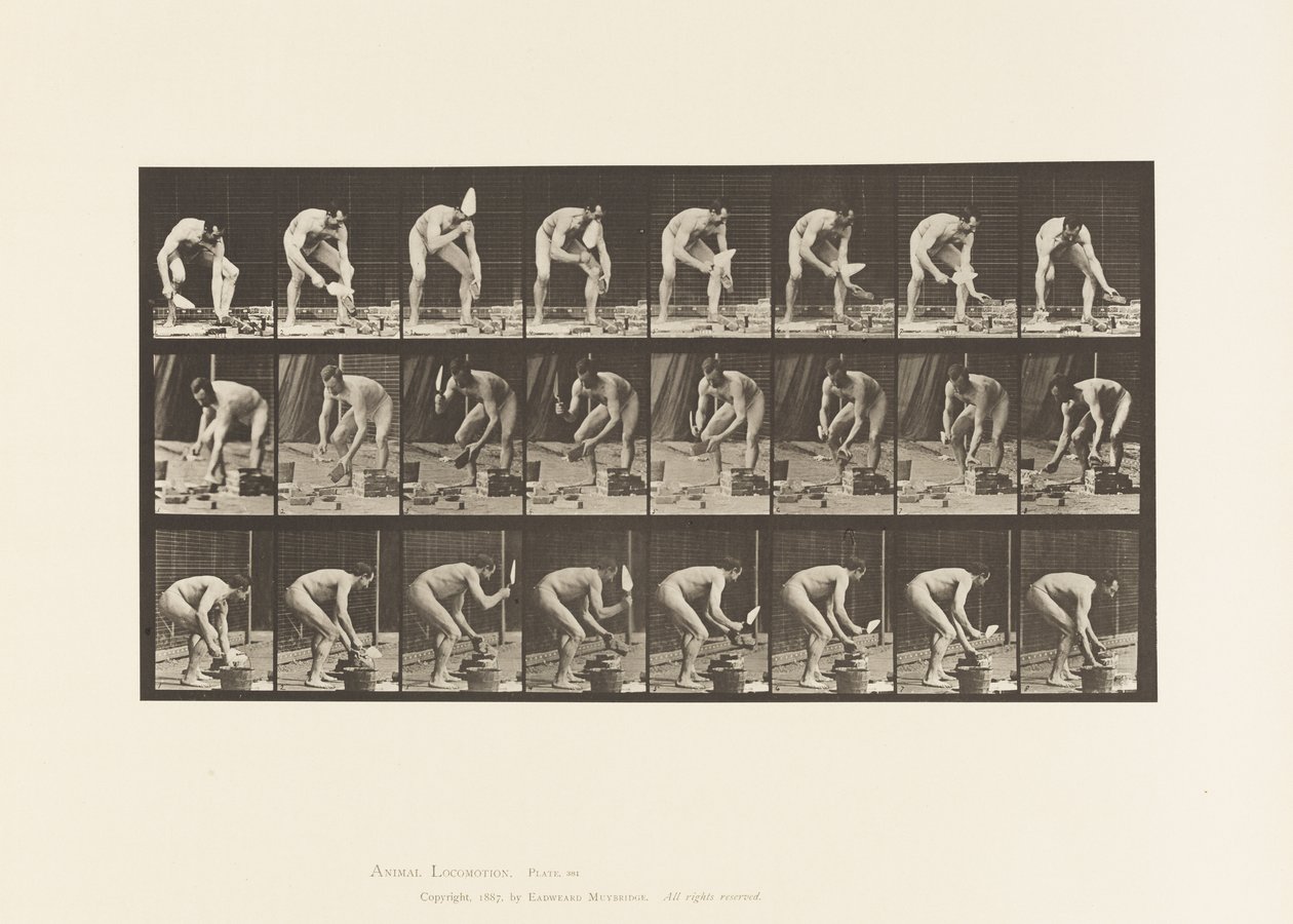 Plaat 381. Metselaar, een baksteen leggen door Eadweard Muybridge