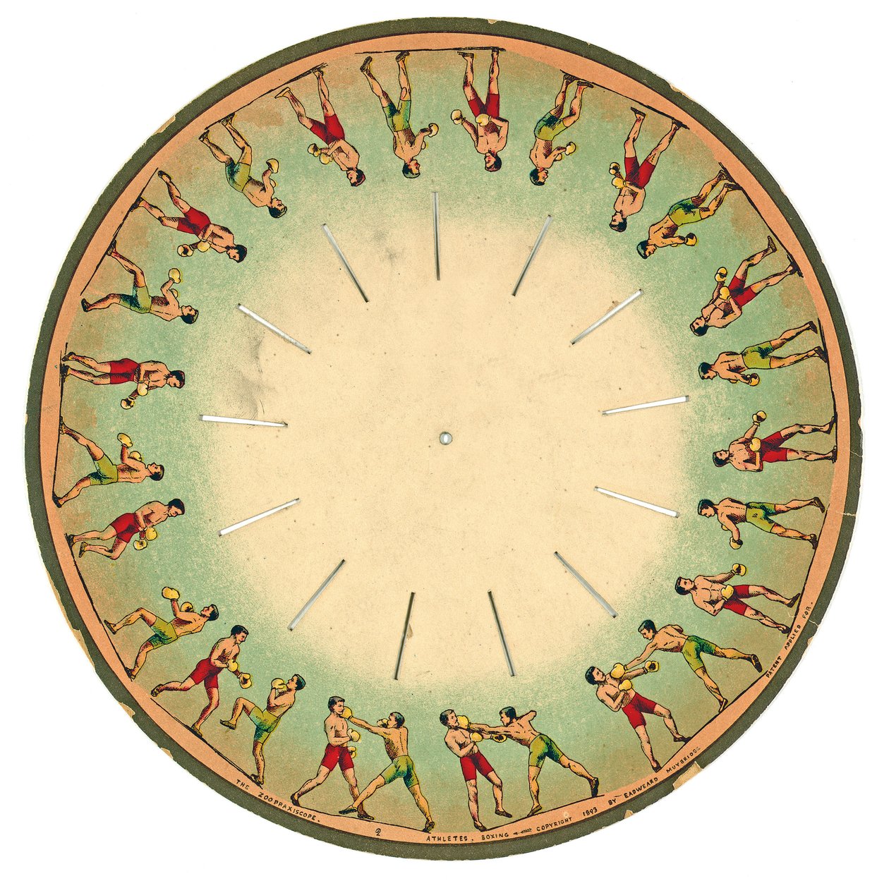 Zoopraxiscope-schijf met boksende mannen, 1893 door Eadweard Muybridge