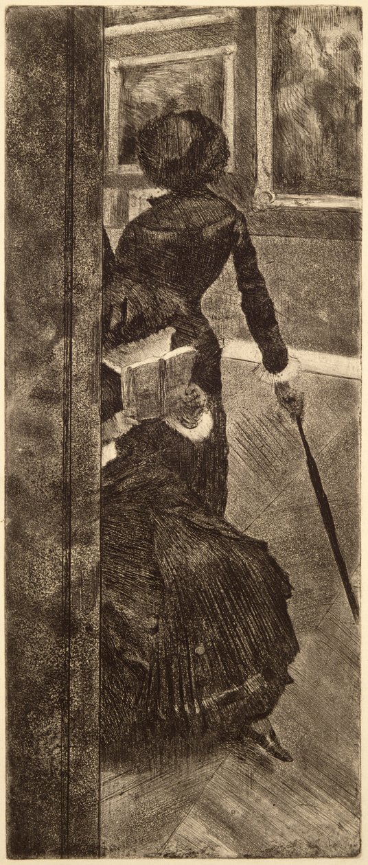 In het Louvre - De schilder (Mary Cassatt) (c.1879) door Edgar Degas