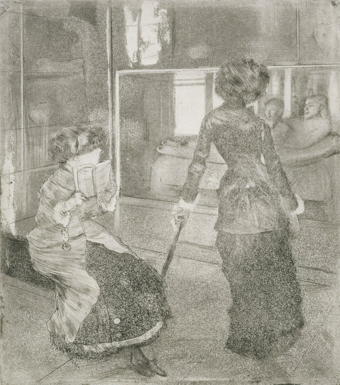 In het Louvre, Mary Cassatt (1845-1926) in de Etruskische galerij (gemengde techniek) door Edgar Degas