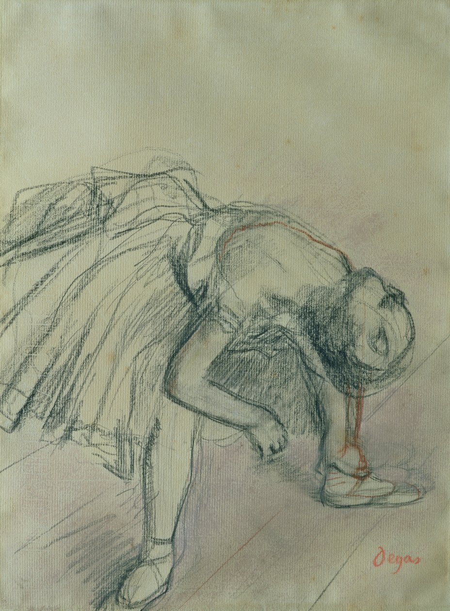 Danseres die haar Slipper Vastmaakt, c.1865 door Edgar Degas