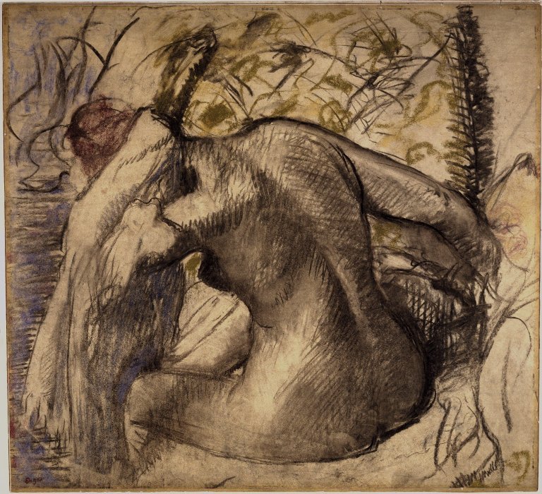 Zittende naakte vrouw die haar haar droogt door Edgar Degas