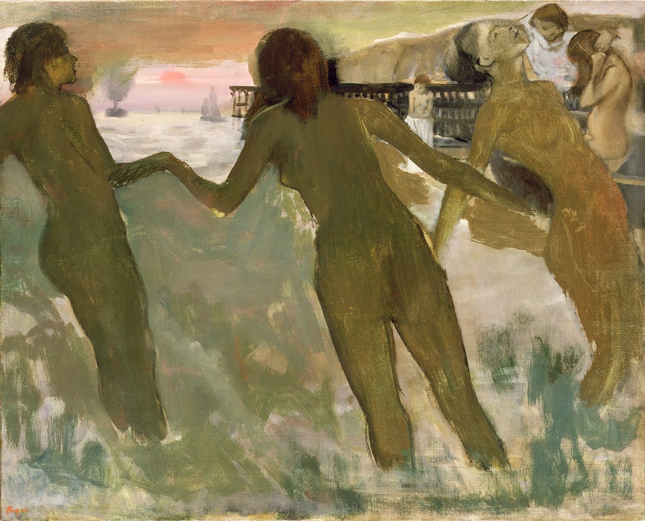 Drie meisjes baden door Edgar Degas