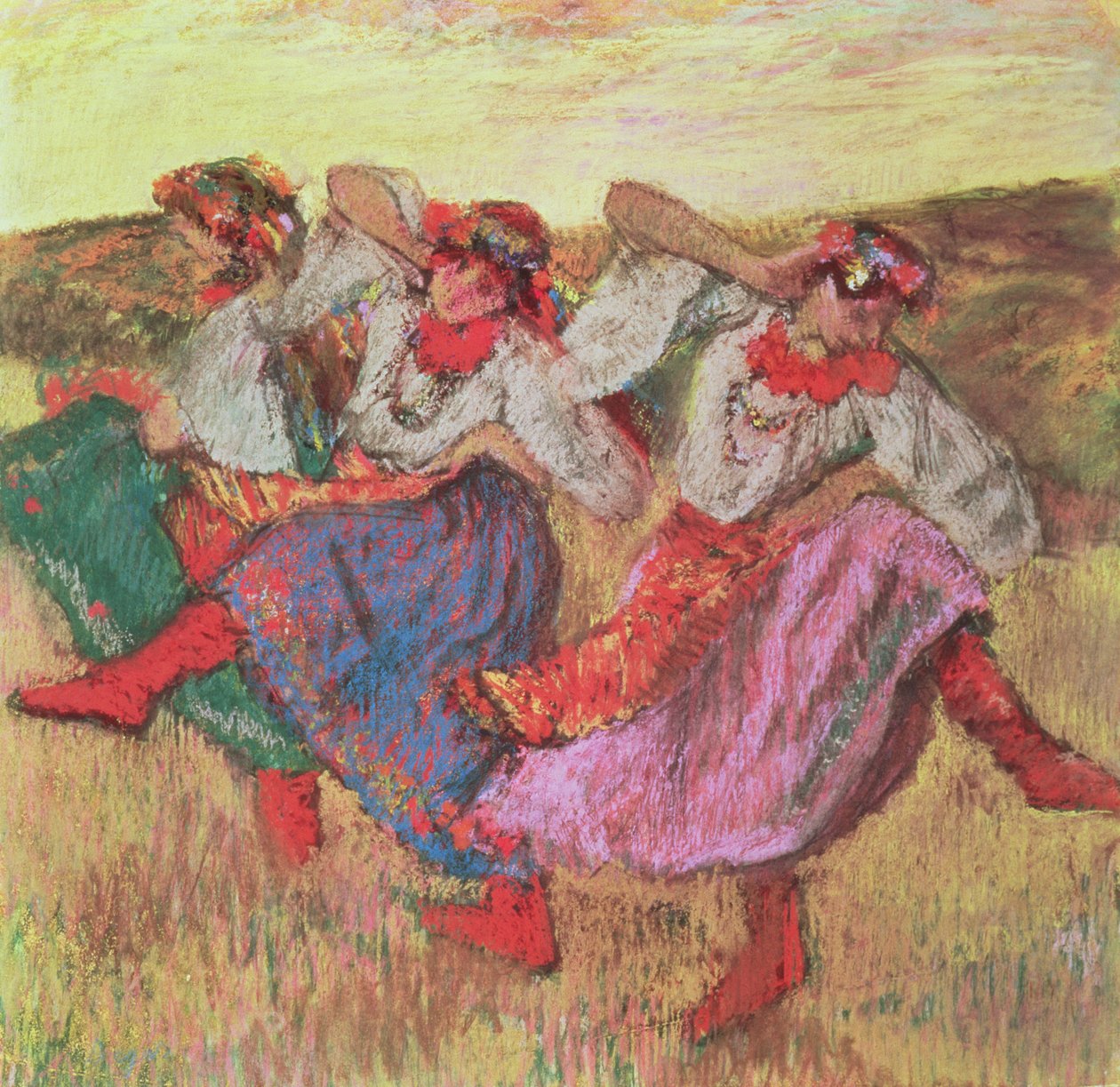 Drie dansers in boerenkostuum door Edgar Degas