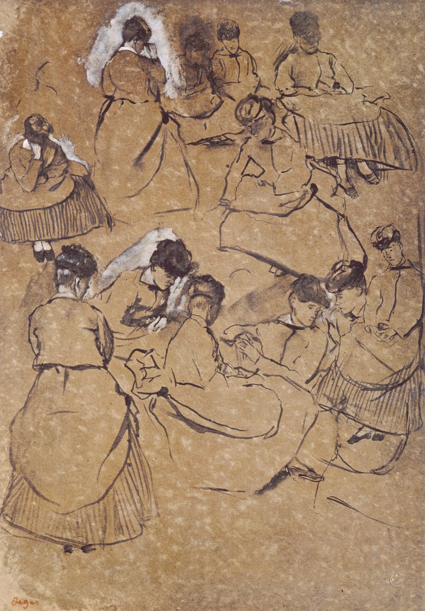 Twaalf studies van vrouwen in kostuum van het Tweede Keizerrijk door Edgar Degas