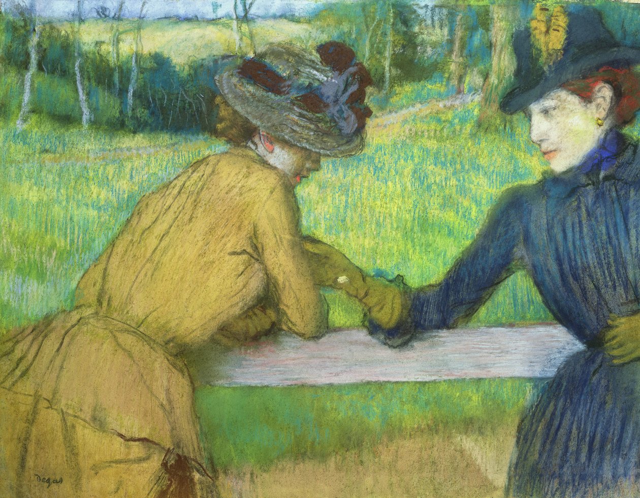 Twee vrouwen leunend op een hek door Edgar Degas