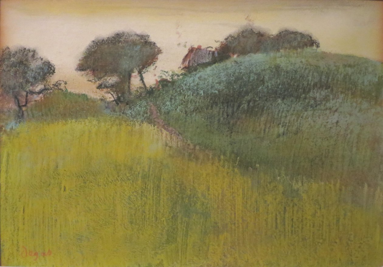 Tarweveld en groene heuvel door Edgar Degas