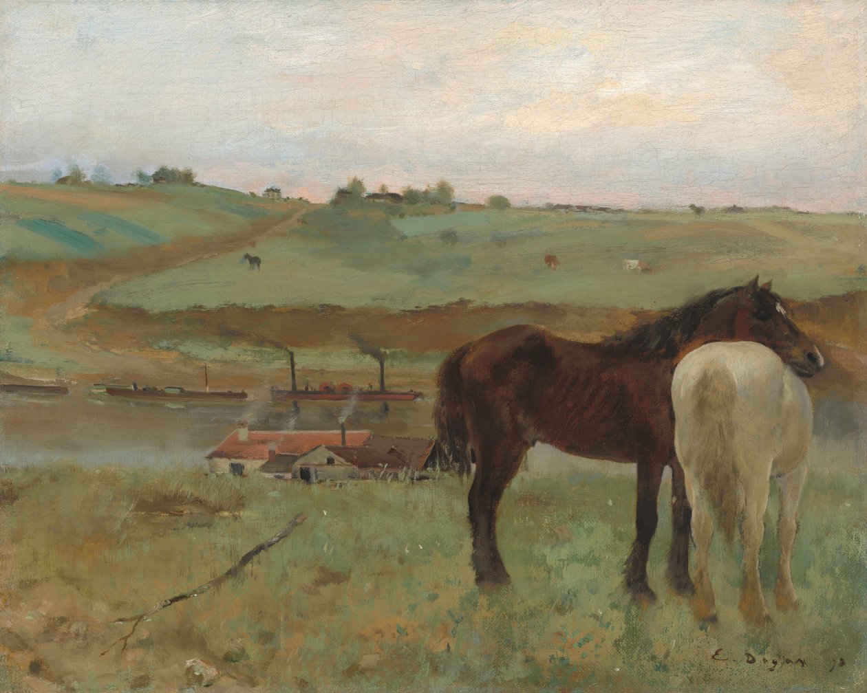 Paarden in een weide door Edgar Degas