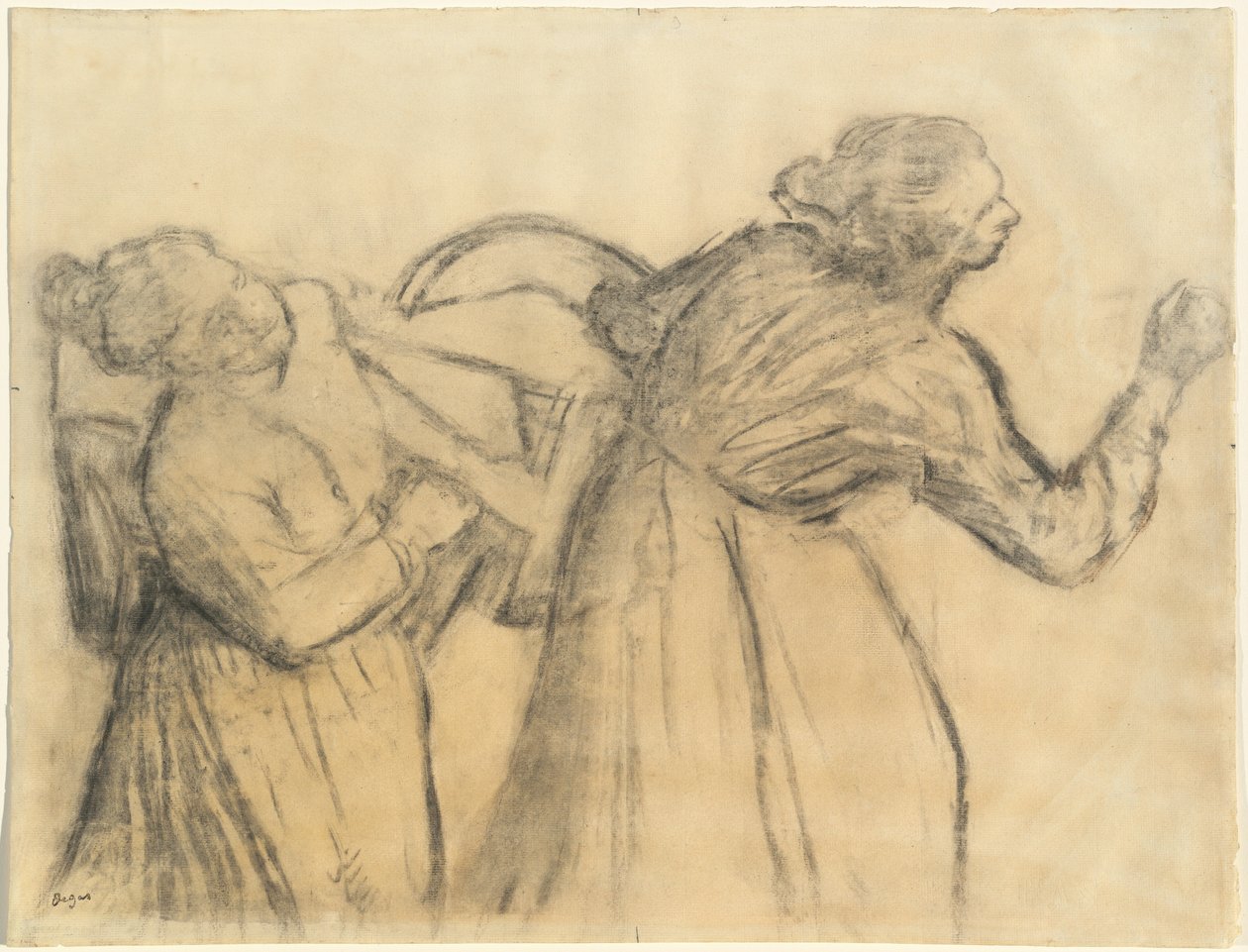Wasvrouw die linnen draagt, ca. 1885-1895 door Edgar Degas