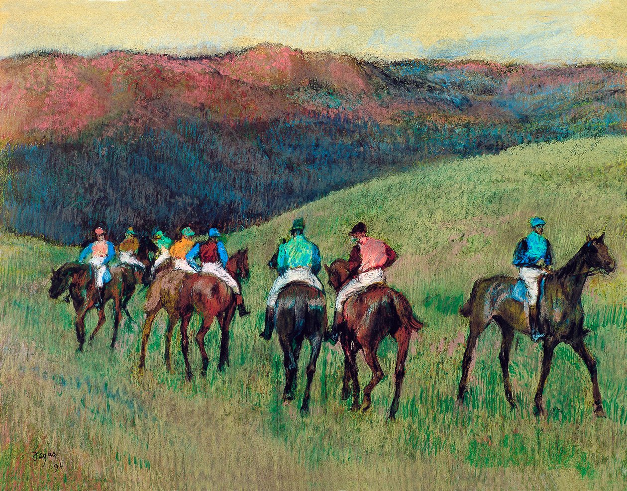 Renpaarden in een landschap door Edgar Degas