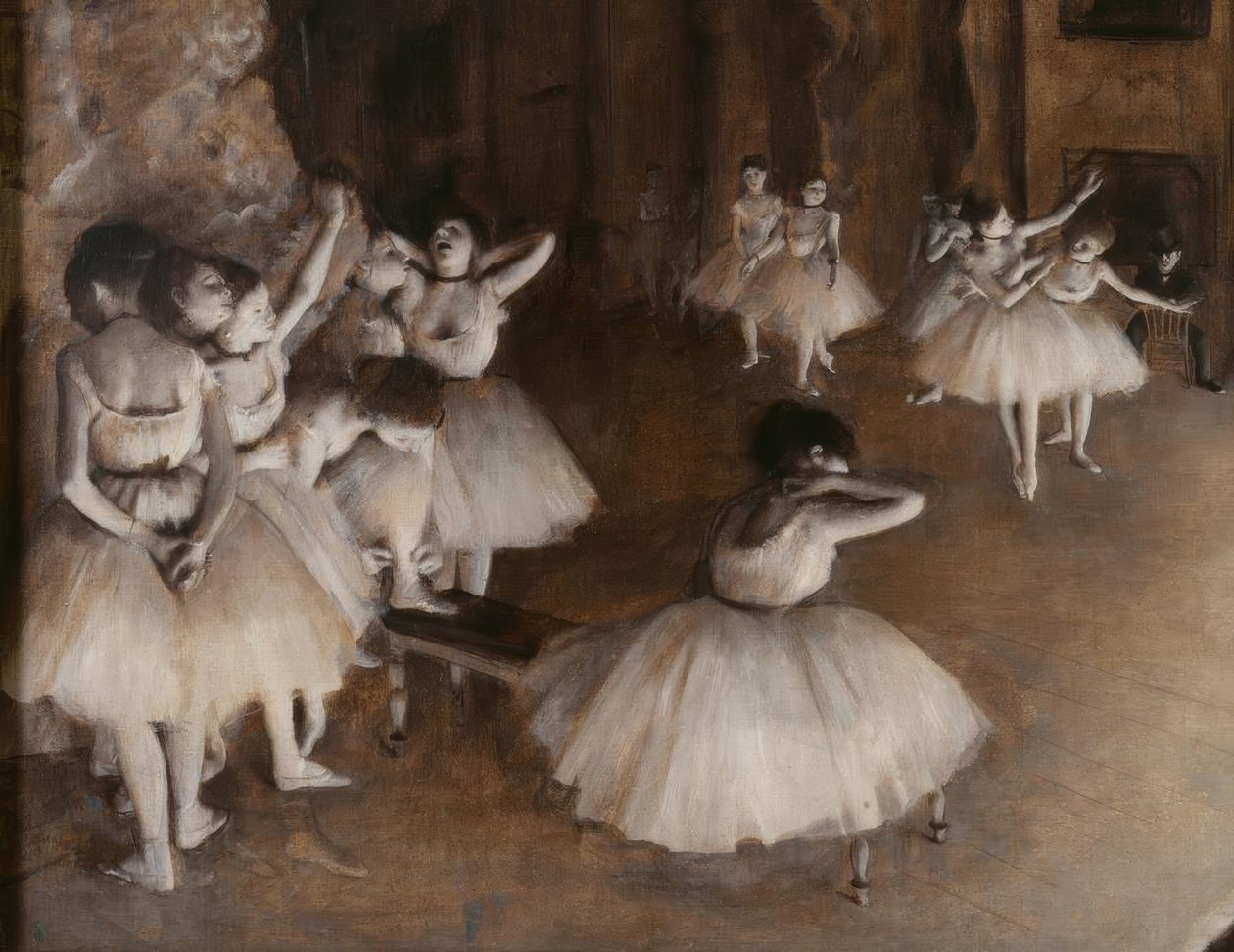 Repetitie van een ballet op het podium door Edgar Degas