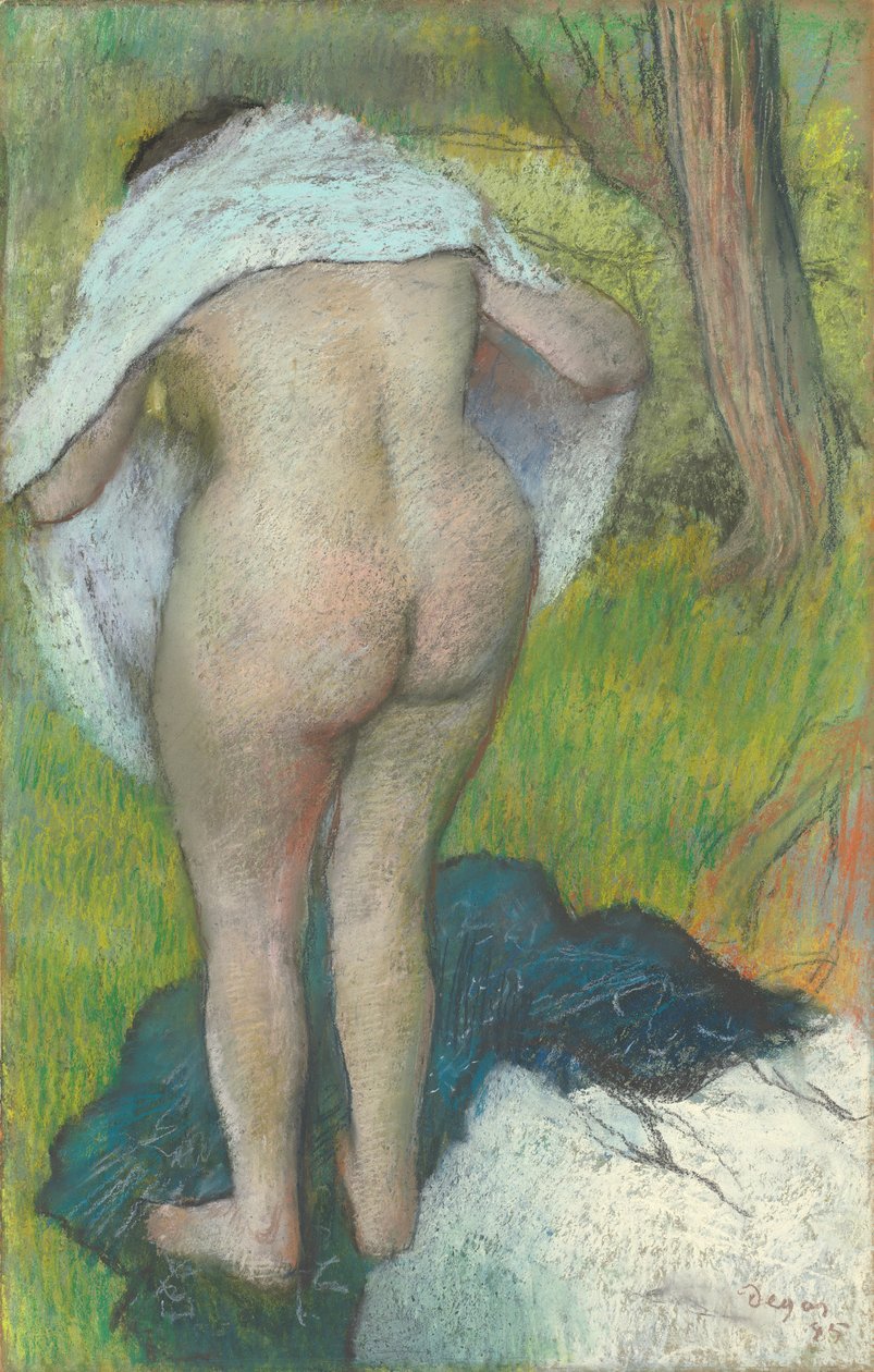 Jonge vrouw die zich aankleedt door Edgar Degas