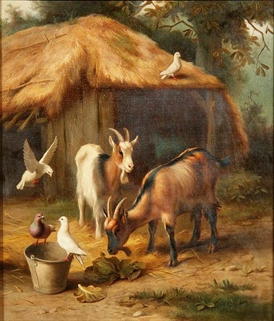 Geiten en duiven in een boerenerf door Edgar Hunt