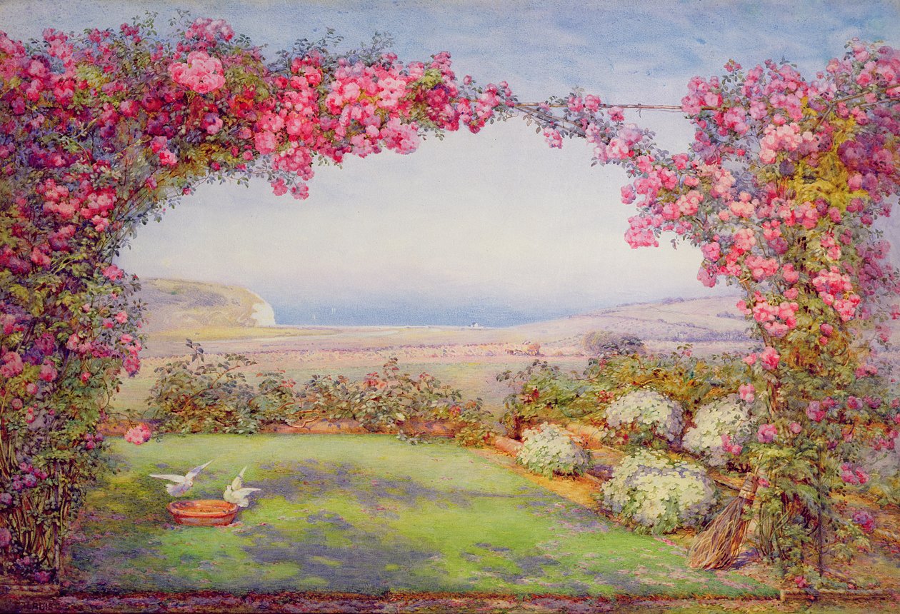 Een tuin met een rozenboog door Edith Helena Adie
