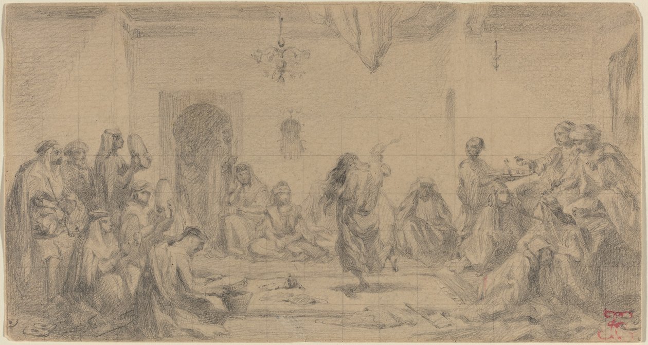 Interieur met danseres door Edmond Hédouin