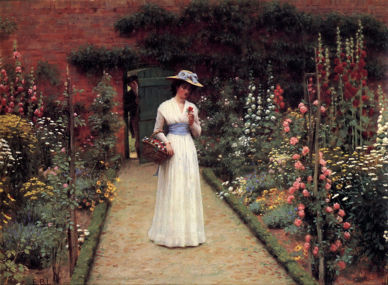 Dame in een tuin door Edmund Leighton
