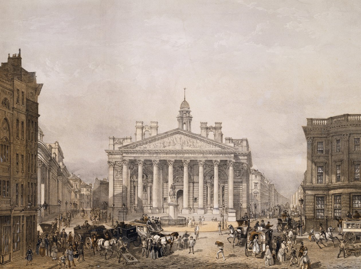 Royal Exchange en De Bank of England, gepubliceerd 1852 door Edmund Walker