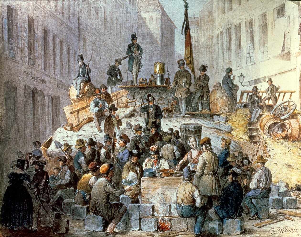 Barricades in Marzstrasse, Wenen, 1848 door Edouard Ritter