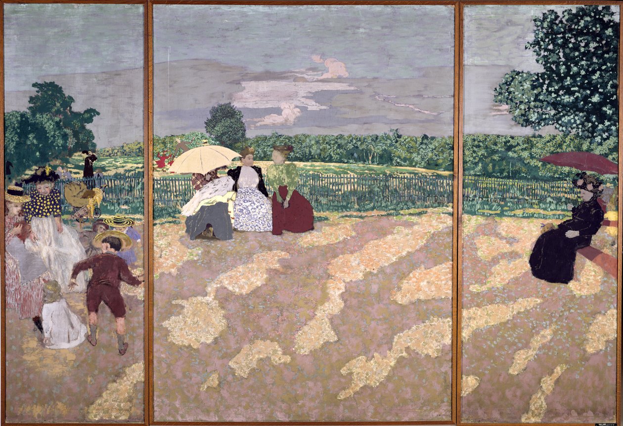 De openbare tuinen: De verpleegsters, Het gesprek en De rode paraplu, 1894 door Edouard Vuillard