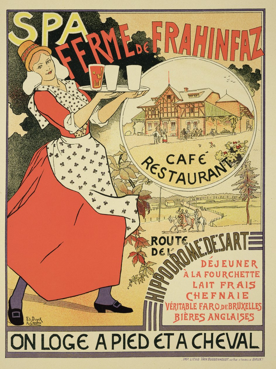 Poster die de Ferme de Frahinfaz adverteert, een café en restaurant nabij Spa, België, 1896 door Adolphe Louis Charles Crespin