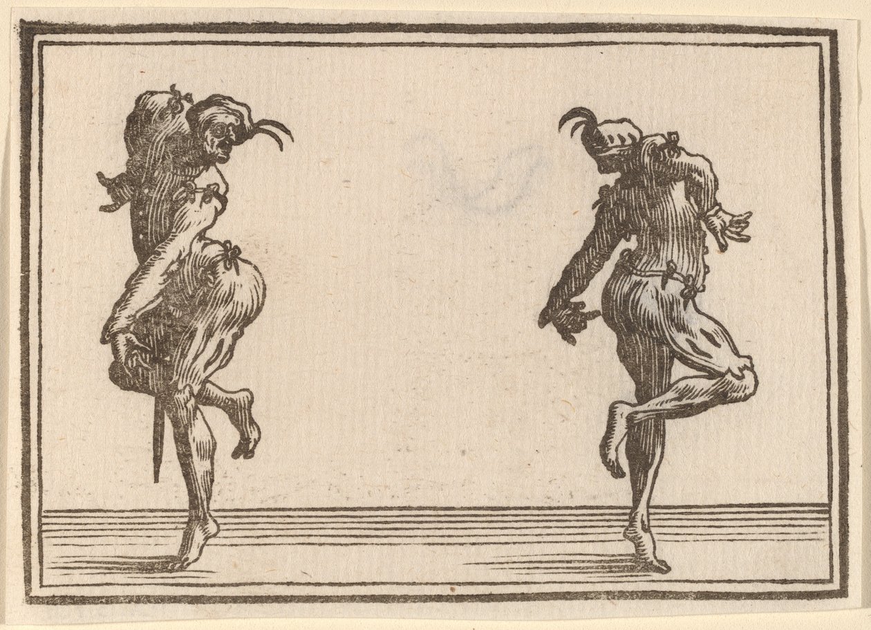 Twee pantaloons dansen door Edouard Eckman after Jacques Callot