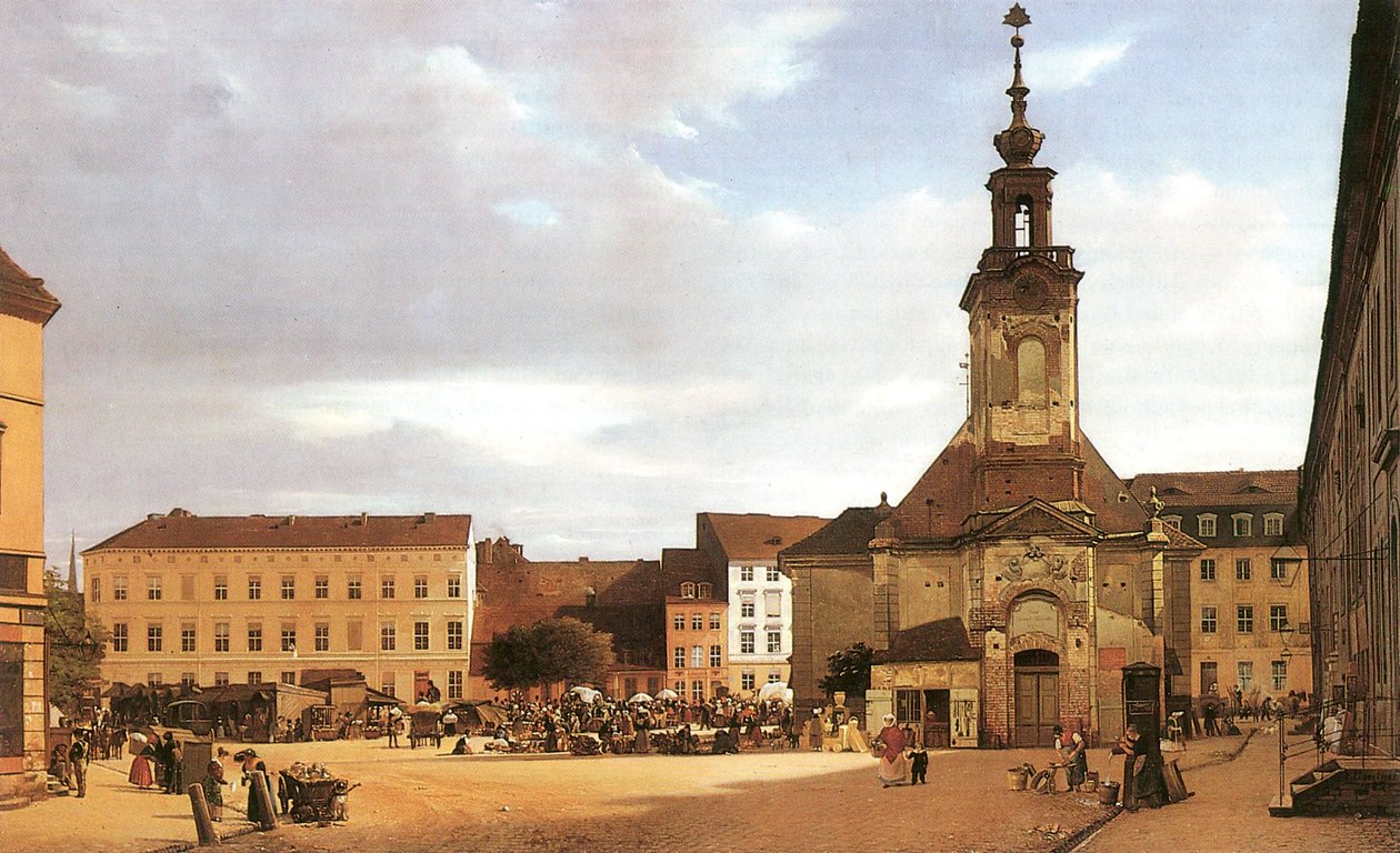 Russisch: "Spittelmarkt in Berlijn".
Duits: Spittelmarkt door Eduard Gaertner