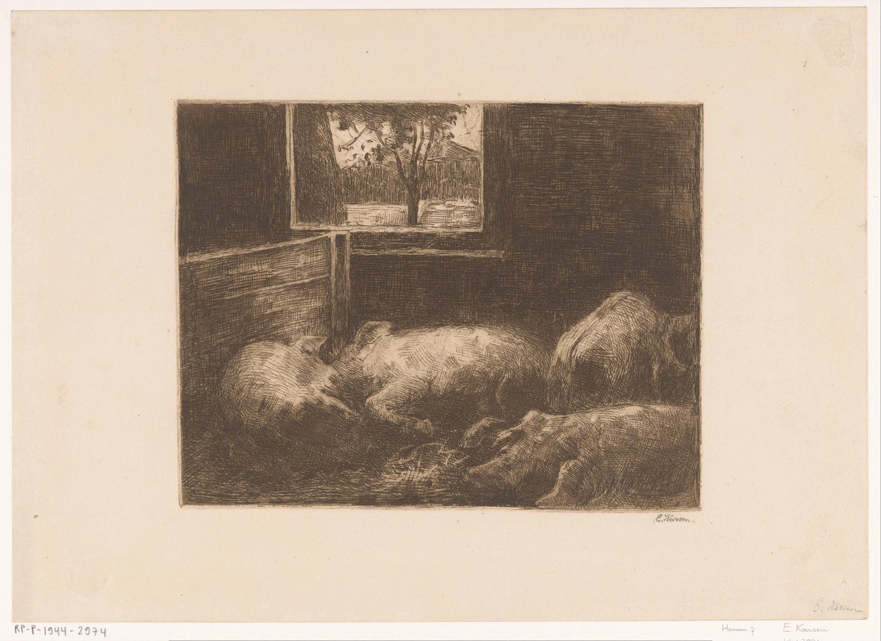 Varkens in een stal door Eduard Karsen (signed by artist)
